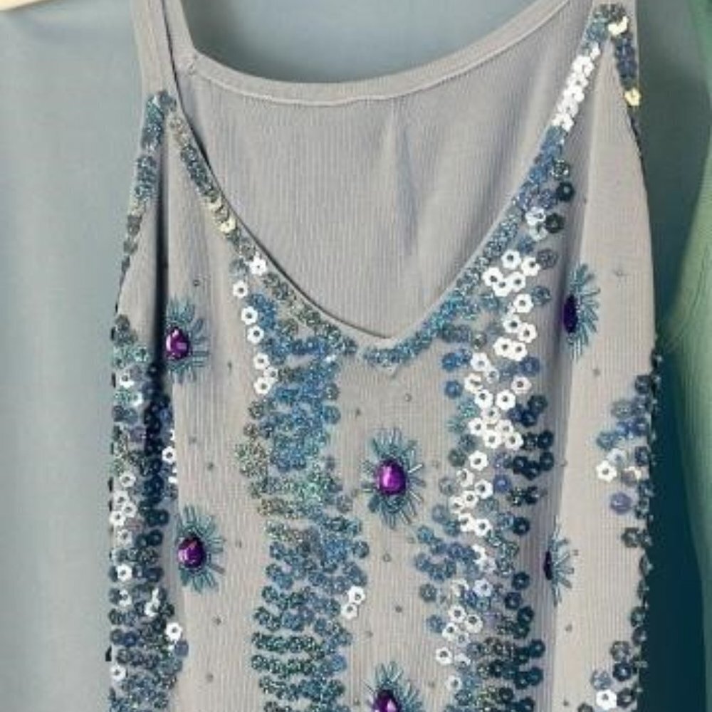 BOGO Embellished Sequined HAND Beaded Stretch Tank Camisole top One sz fits most - Picture 2 of 2
